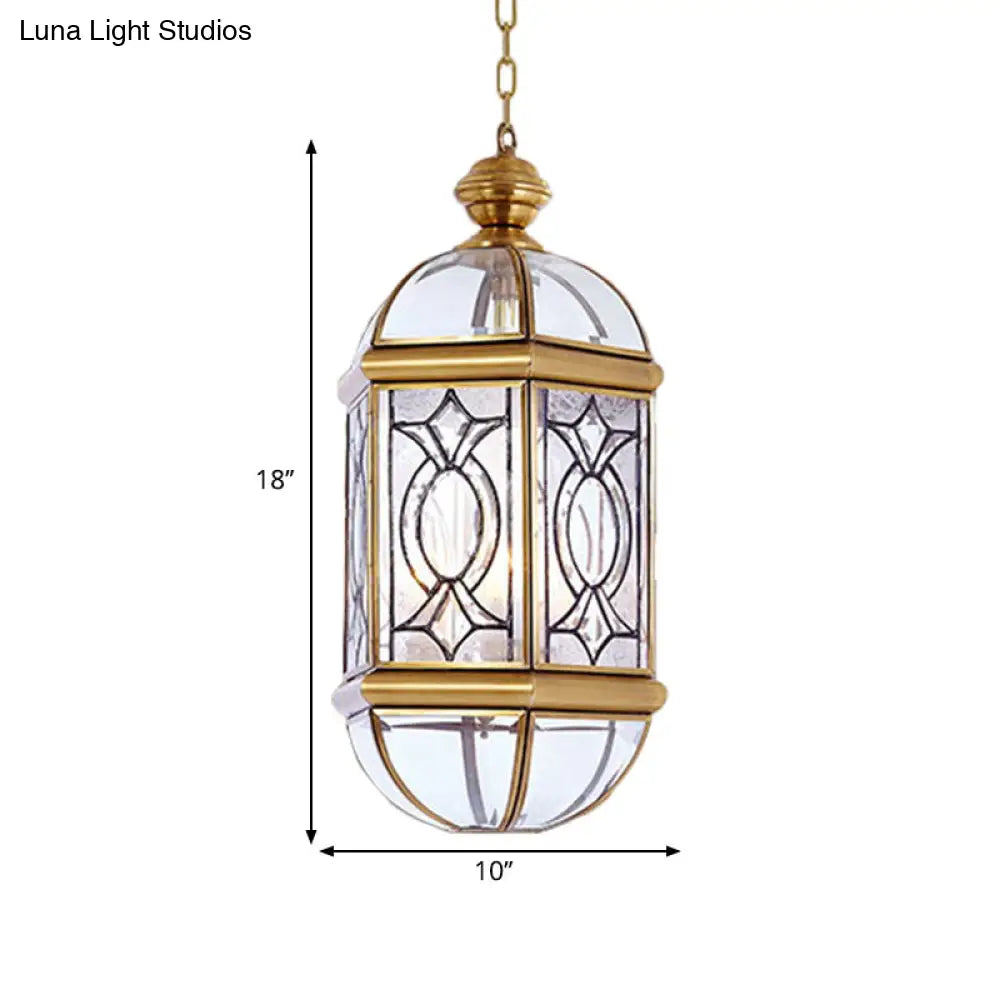 Colonial Brass Lantern Outdoor Chandelier Light - Frosted Glass 3 Bulbs Hanging Ceiling Fixture