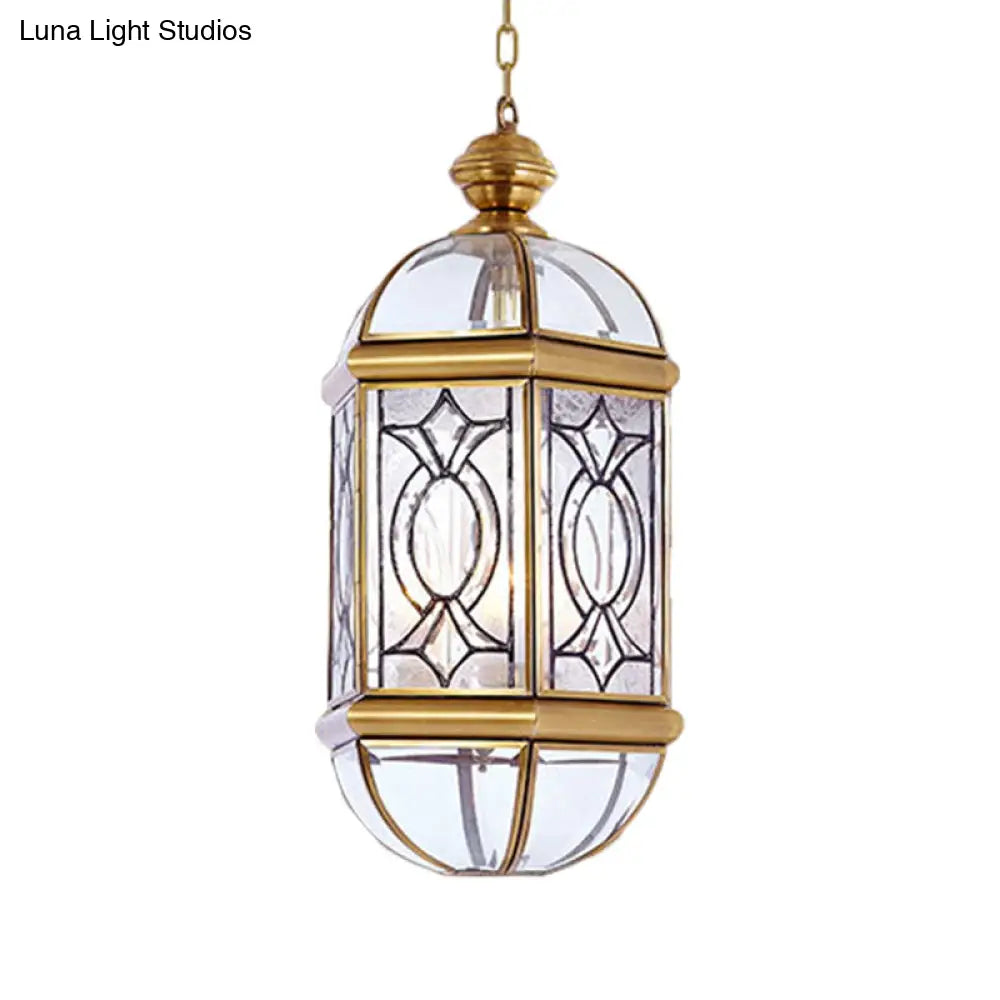 Colonial Brass Lantern Outdoor Chandelier Light - Frosted Glass 3 Bulbs Hanging Ceiling Fixture
