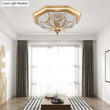 Colonial Brass Seeded Glass Flush Light Fixture For Bedroom - 3 - Bulb Ceiling Mount