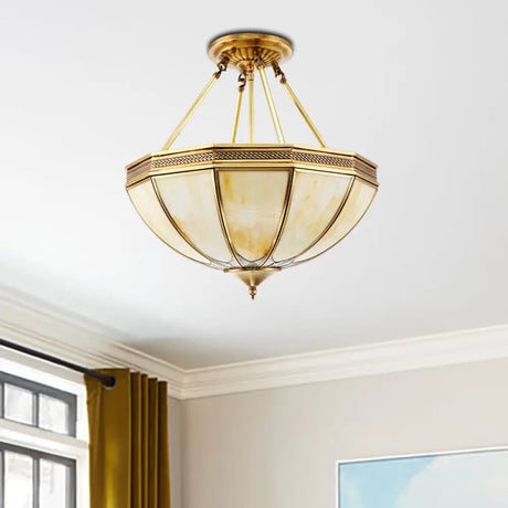 Colonial Brass Semi Flush Ceiling Light With Sandblasted Glass Bowl - 14’/18’ For Living Room / 14’