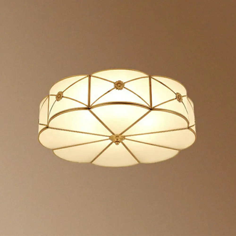 Colonial Chic Floral Bedroom Ceiling Mount Light - White Glass With Brass Finish 6 /