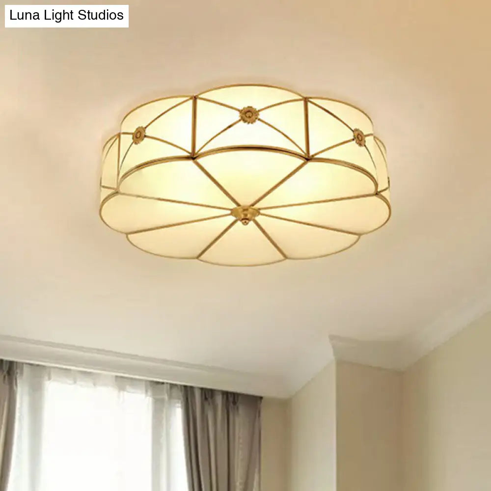 Colonial Chic Floral Bedroom Ceiling Mount Light - White Glass With Brass Finish