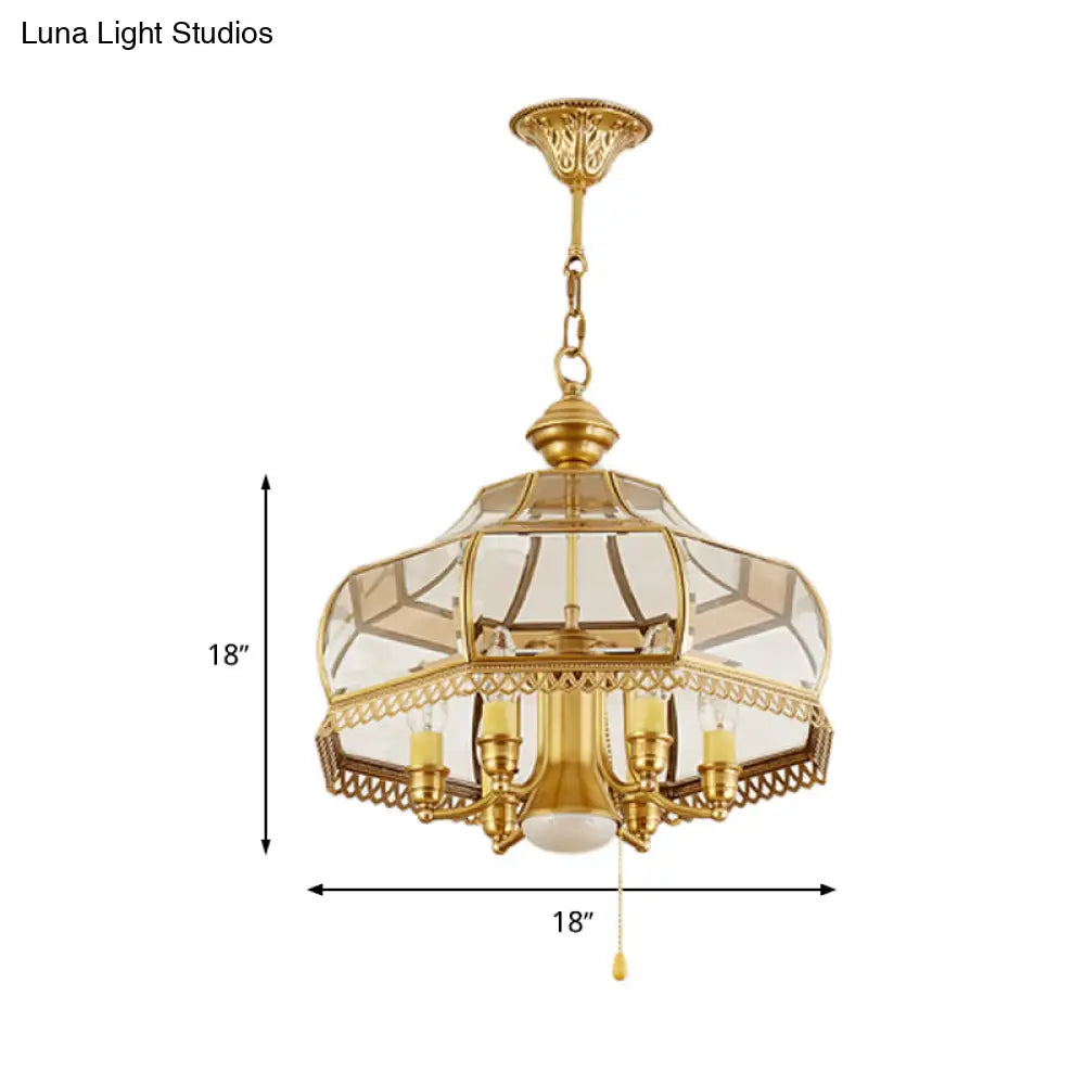 Colonial Clear Glass 7-Head Gold Hanging Chandelier For Curved Dining Room Ceilings