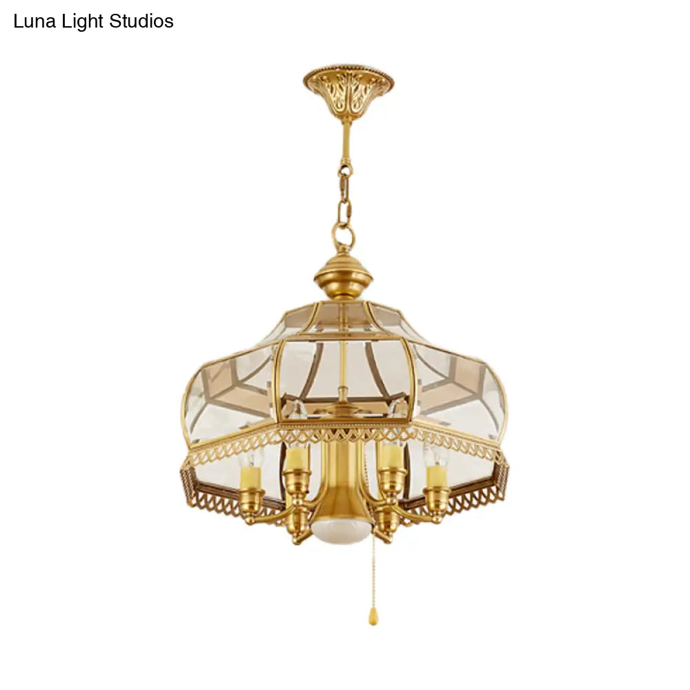 Colonial Clear Glass 7-Head Gold Hanging Chandelier For Curved Dining Room Ceilings