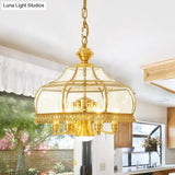 Colonial Clear Glass 7-Head Gold Hanging Chandelier For Curved Dining Room Ceilings