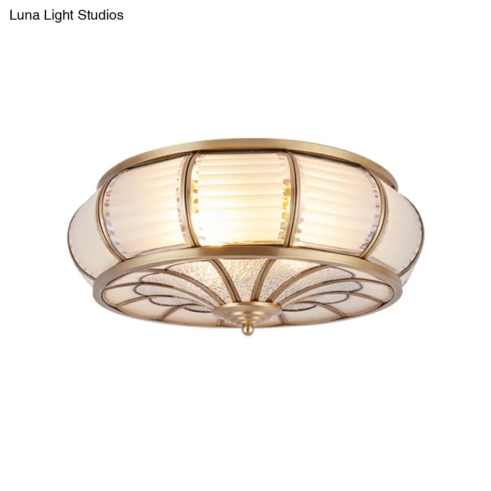 Colonial Cream Glass Drum Ceiling Lighting - 3/4 Heads Flush Mount Fixture Brass Finish
