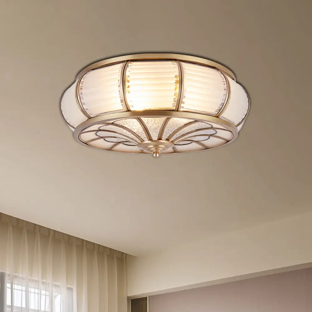 Colonial Cream Glass Drum Ceiling Lighting - 3/4 Heads Flush Mount Fixture Brass Finish