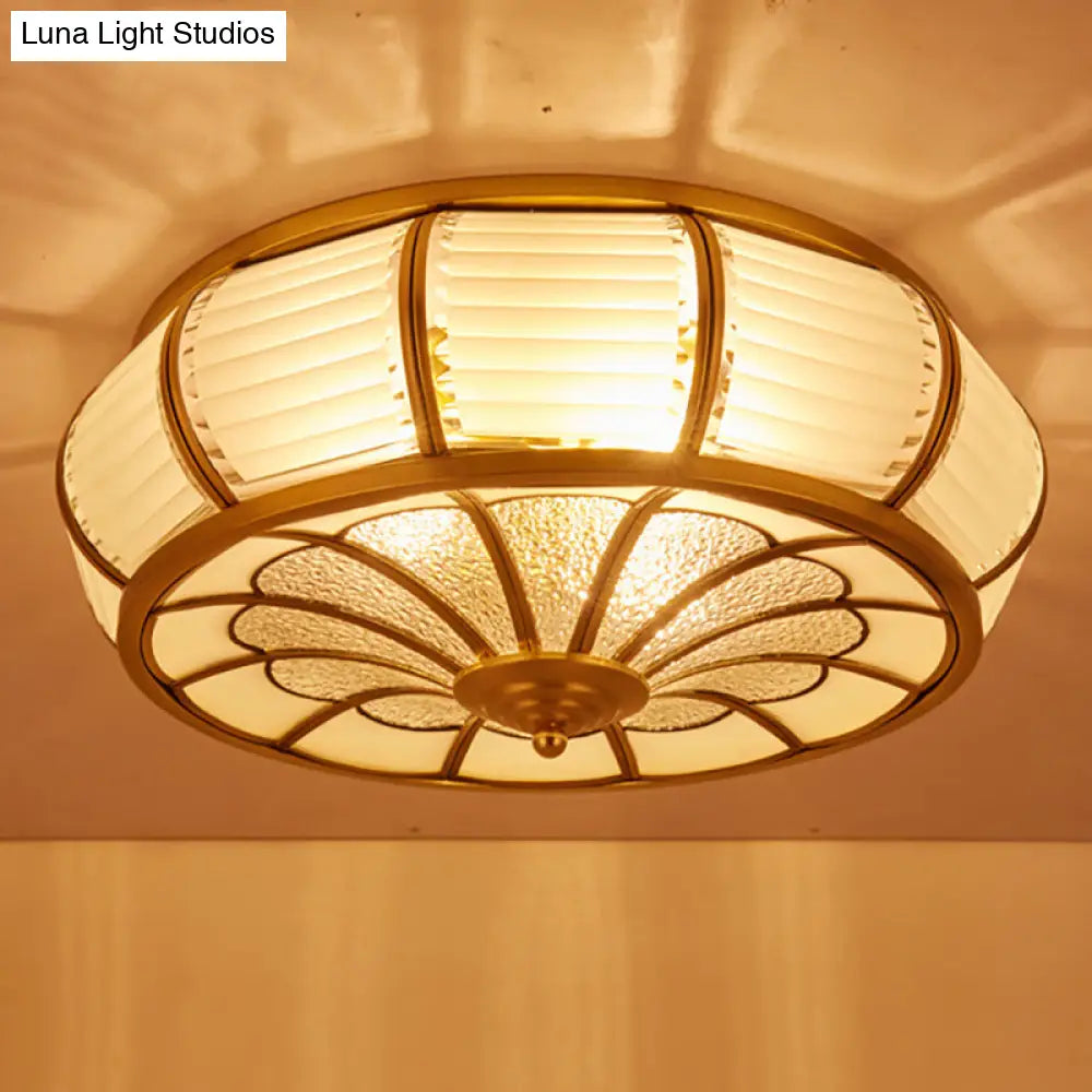 Colonial Cream Glass Drum Ceiling Lighting - 3/4 Heads Flush Mount Fixture Brass Finish