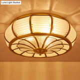 Colonial Cream Glass Drum Ceiling Lighting - 3/4 Heads Flush Mount Fixture Brass Finish