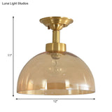 Colonial Dome Ceiling Light Fixture - Brass Semi Mount With Amber Glass For Hallway