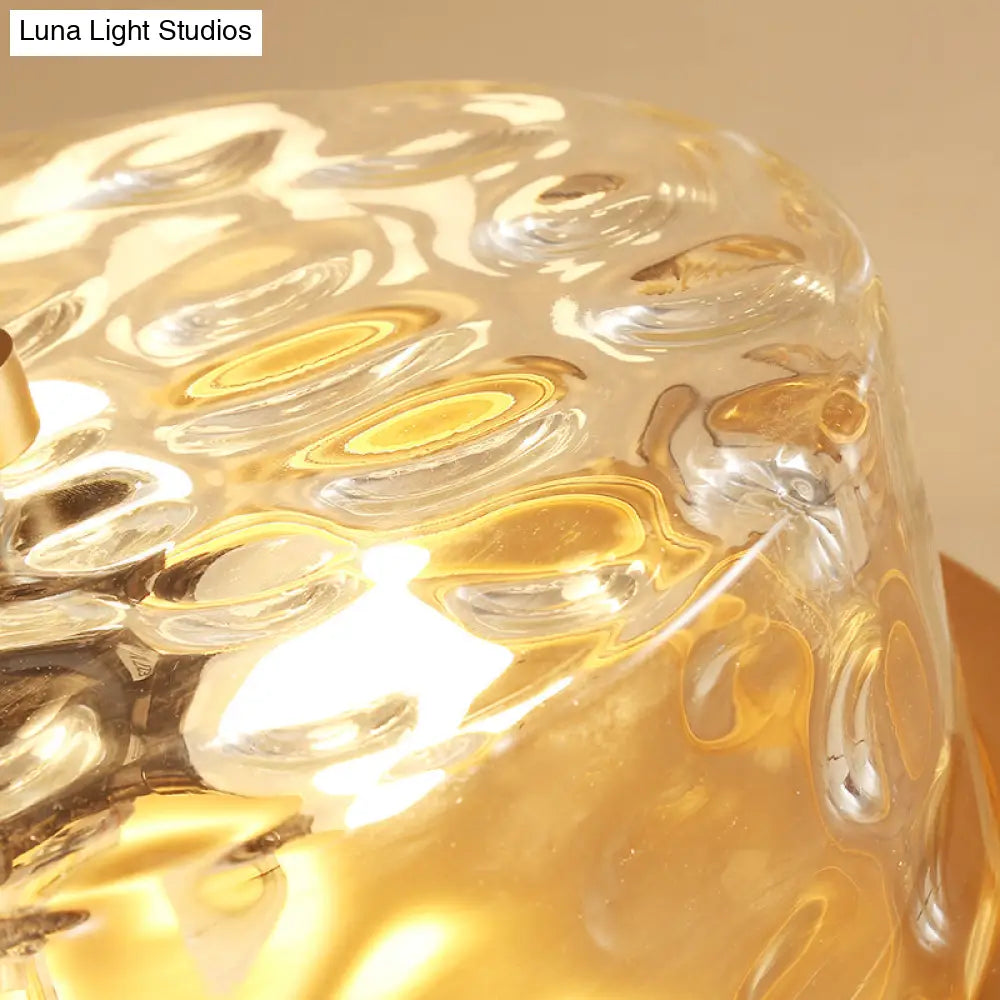 Colonial Drum Ceiling Light Fixture Clear Dimple Glass Brass Flush Mount For Living Room - 3 Bulbs