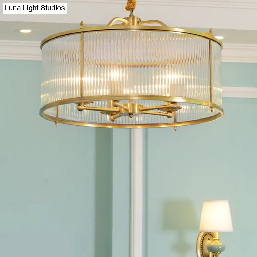 Colonial Drum Ribbed Glass Chandelier - Polished Brass Small/Medium/Large Sizes Multiple Lights