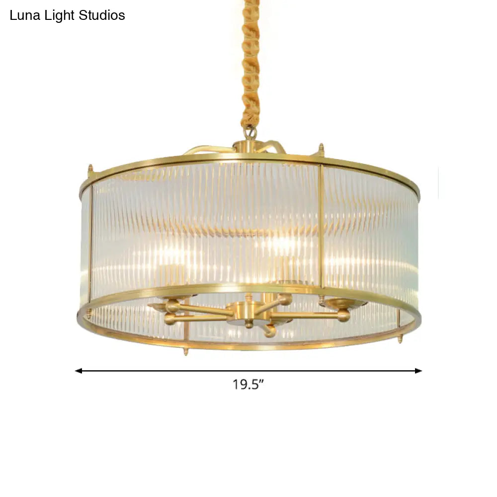 Colonial Drum Ribbed Glass Chandelier - Polished Brass Small/Medium/Large Sizes Multiple Lights