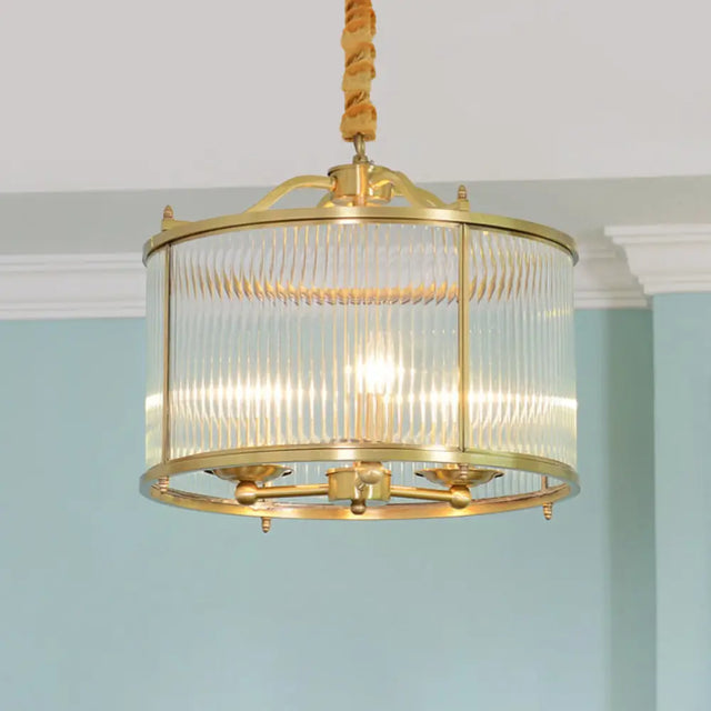 Colonial Drum Ribbed Glass Chandelier - Polished Brass Small/Medium/Large Sizes Multiple Lights /
