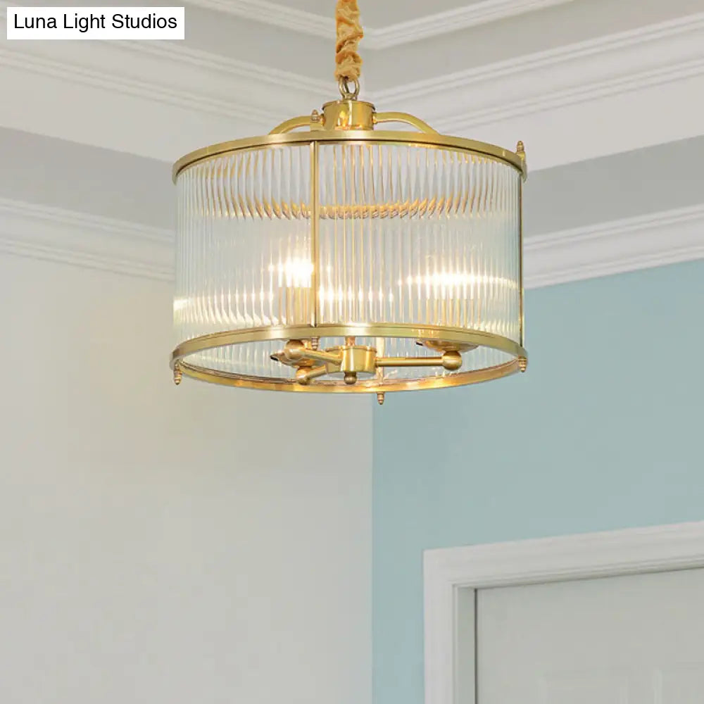 Colonial Drum Ribbed Glass Chandelier - Polished Brass Small/Medium/Large Sizes Multiple Lights