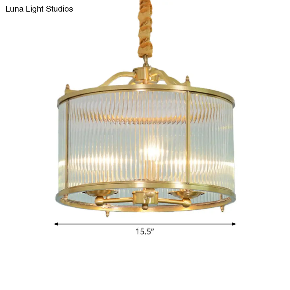 Colonial Drum Ribbed Glass Chandelier - Polished Brass Small/Medium/Large Sizes Multiple Lights
