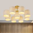 Colonial Fabric Cylinder Semi Mount Ceiling Light - Gold Finish 9 Lights Living Room Lighting