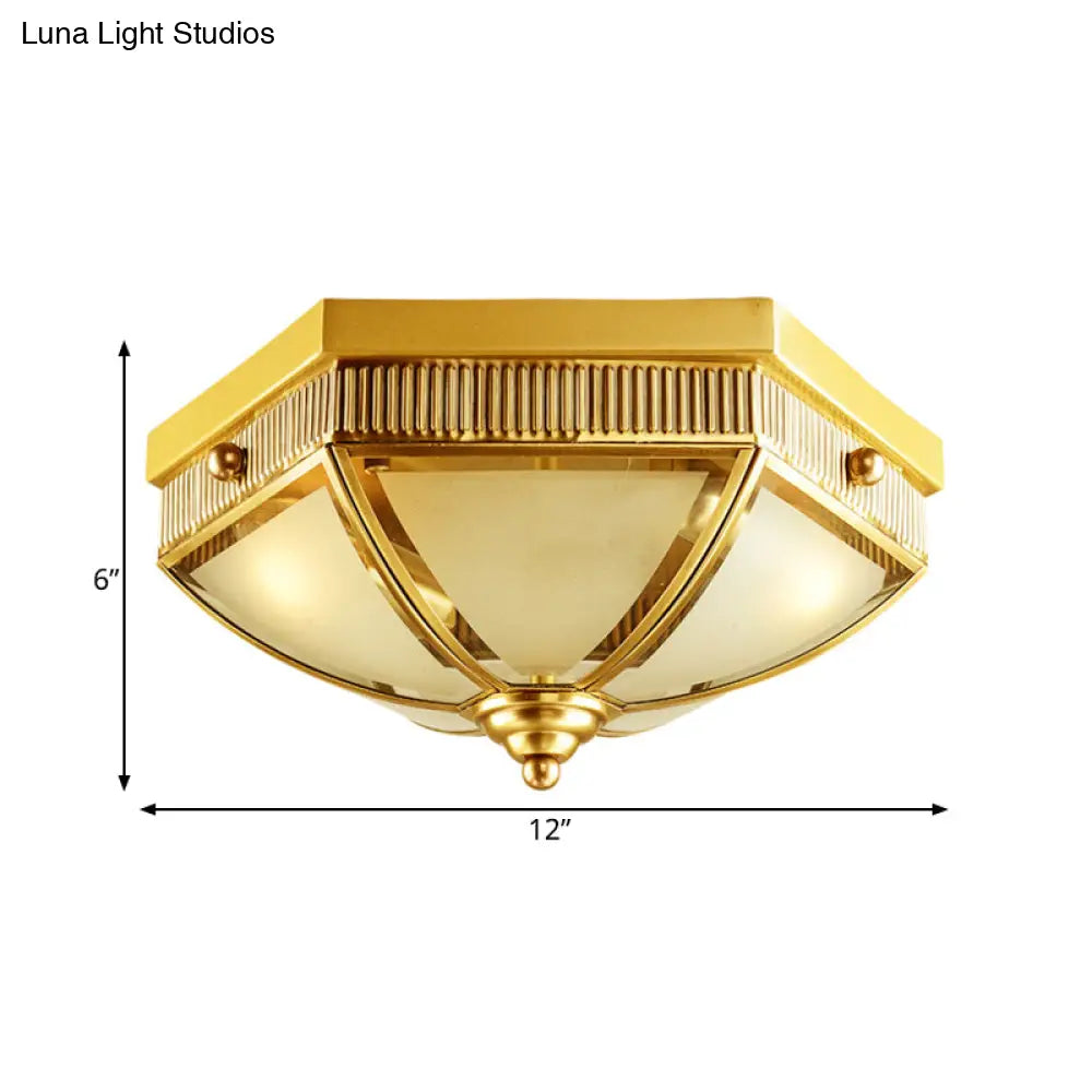 Colonial Frosted Glass Ceiling Lamp With Gold Finish - 2 Bulbs Hallway Flush Mount Light