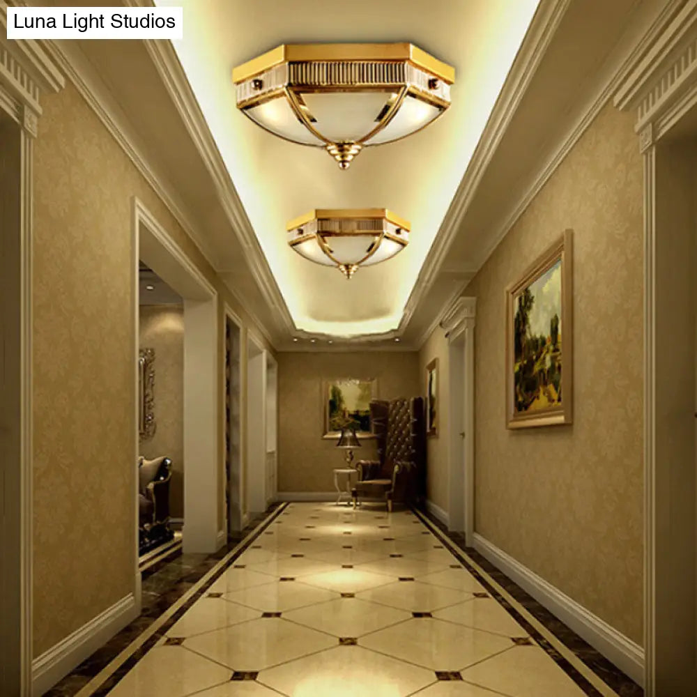 Colonial Frosted Glass Ceiling Lamp With Gold Finish - 2 Bulbs Hallway Flush Mount Light