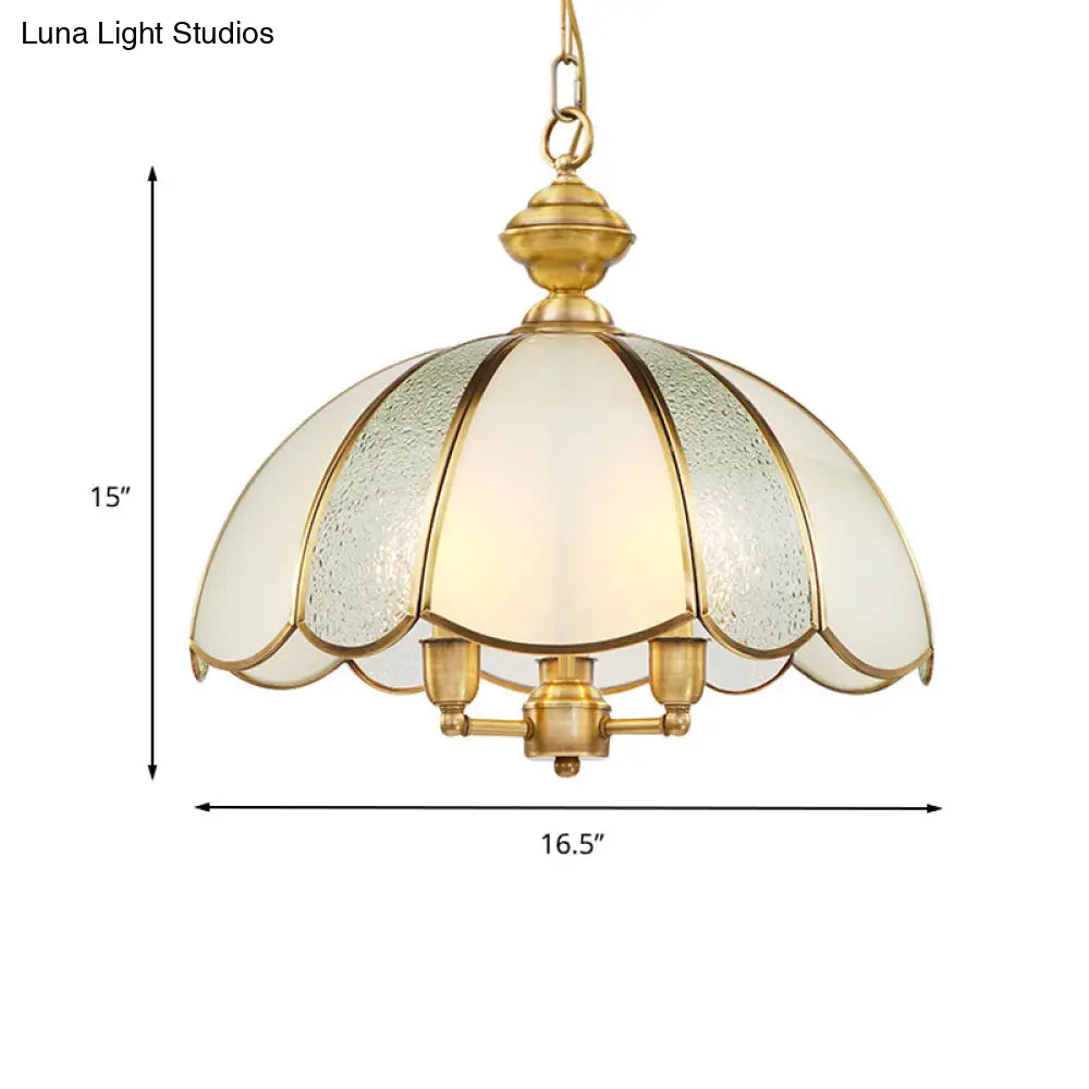 Colonial Frosted Glass Chandelier - 3 Bulb Brass Ceiling Fixture