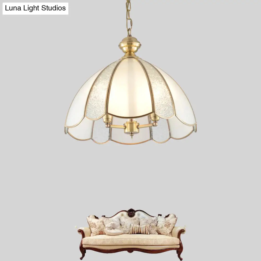 Colonial Frosted Glass Chandelier - 3 Bulb Brass Ceiling Fixture