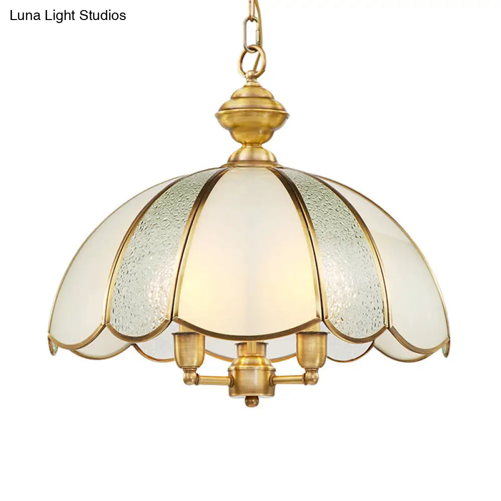 Colonial Frosted Glass Chandelier - 3 Bulb Brass Ceiling Fixture