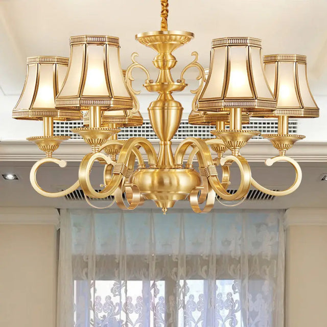 Colonial Frosted Glass Chandelier Lamp With Brass Accents Available In 6 8 Or 12 Lights / Small