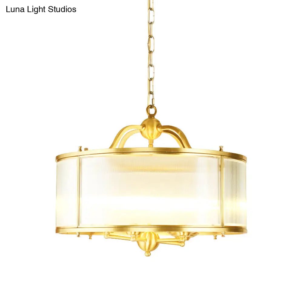 Colonial Frosted Ribbed Glass Drum Kitchen Chandelier - 4/5 Heads Gold Hanging Light Fixture