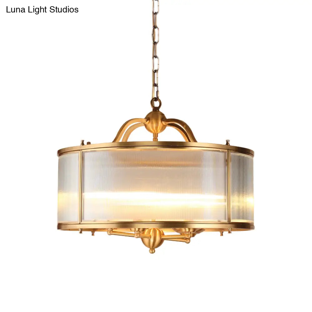 Colonial Frosted Ribbed Glass Drum Kitchen Chandelier - 4/5 Heads Gold Hanging Light Fixture