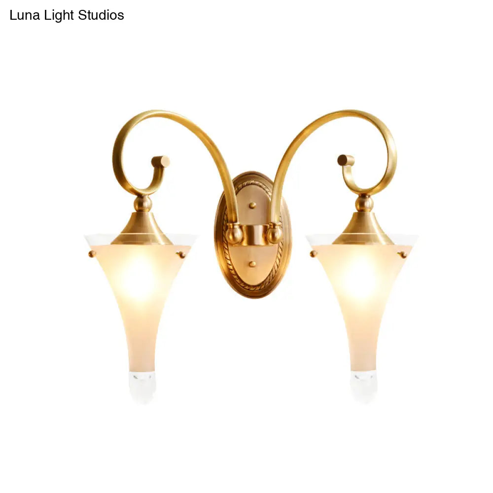 Colonial Gold Flared Wall Sconce With Frosted White Glass - Scrolled Arm Design