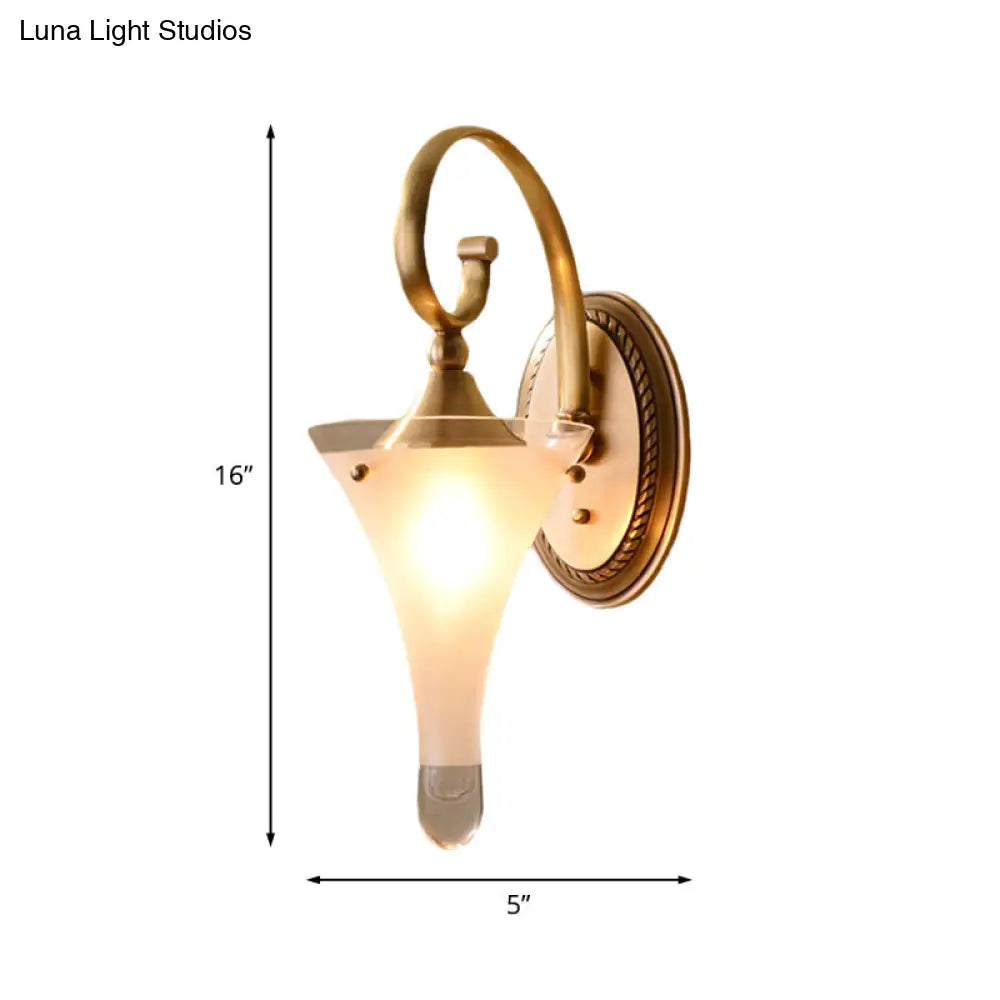 Colonial Gold Flared Wall Sconce With Frosted White Glass - Scrolled Arm Design