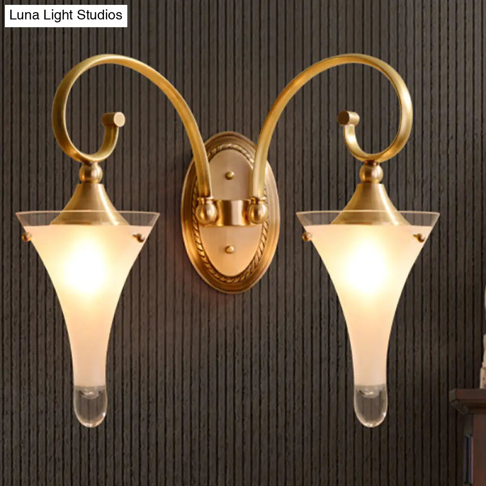 Colonial Gold Flared Wall Sconce With Frosted White Glass - Scrolled Arm Design