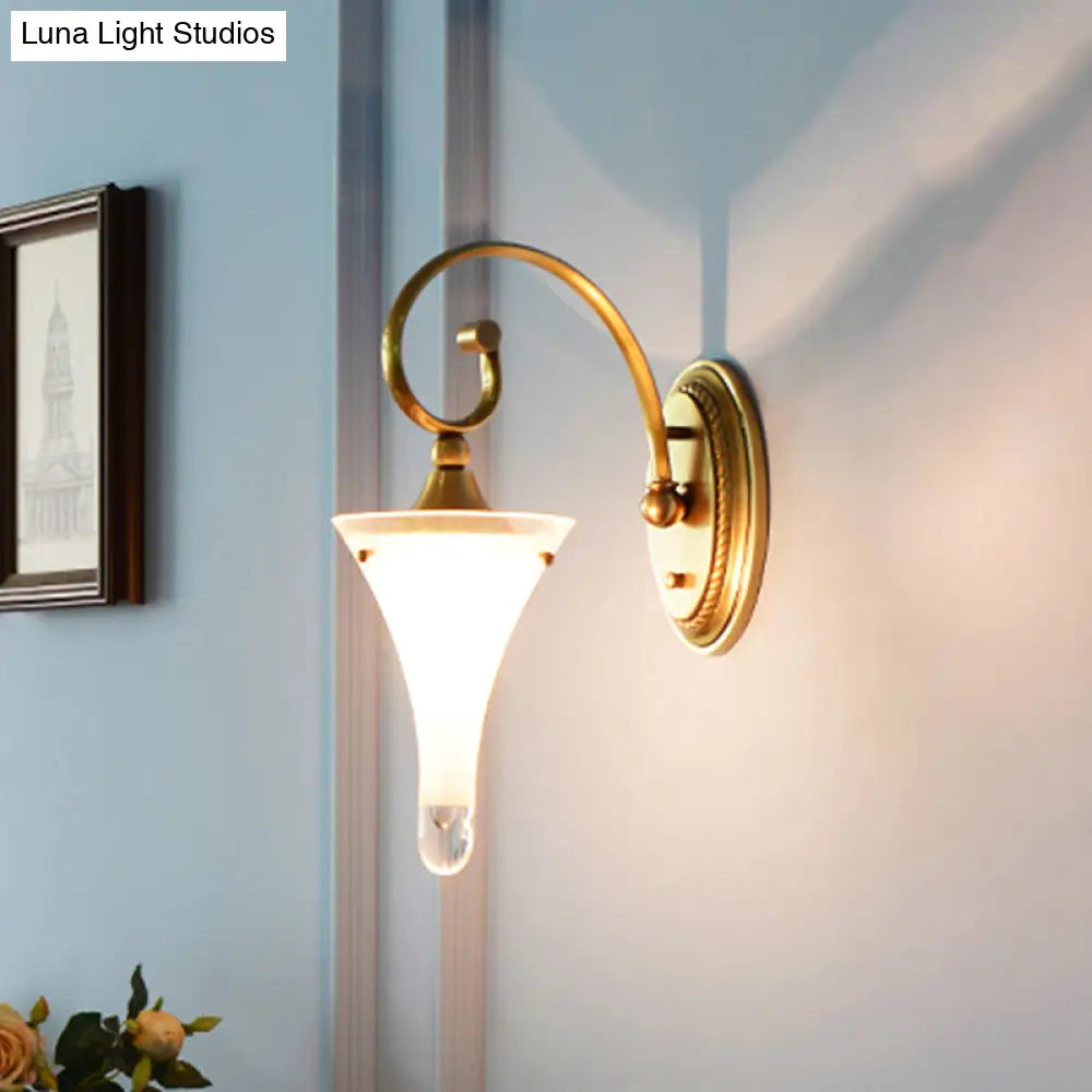 Colonial Gold Flared Wall Sconce With Frosted White Glass - Scrolled Arm Design