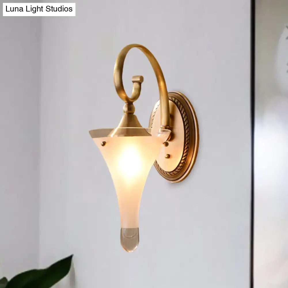 Colonial Gold Flared Wall Sconce With Frosted White Glass - Scrolled Arm Design
