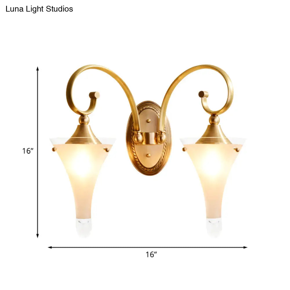 Colonial Gold Flared Wall Sconce With Frosted White Glass - Scrolled Arm Design