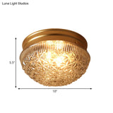 Colonial Gold Flush Mount Ceiling Light Fixture With Clear Ribbed Glass For Bedroom - Set Of 2 Bulbs