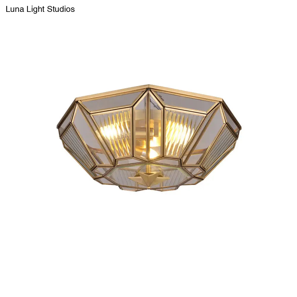 Colonial Gold Geometric Glass Flush Light - 3-Light Ceiling Mount For Bedroom