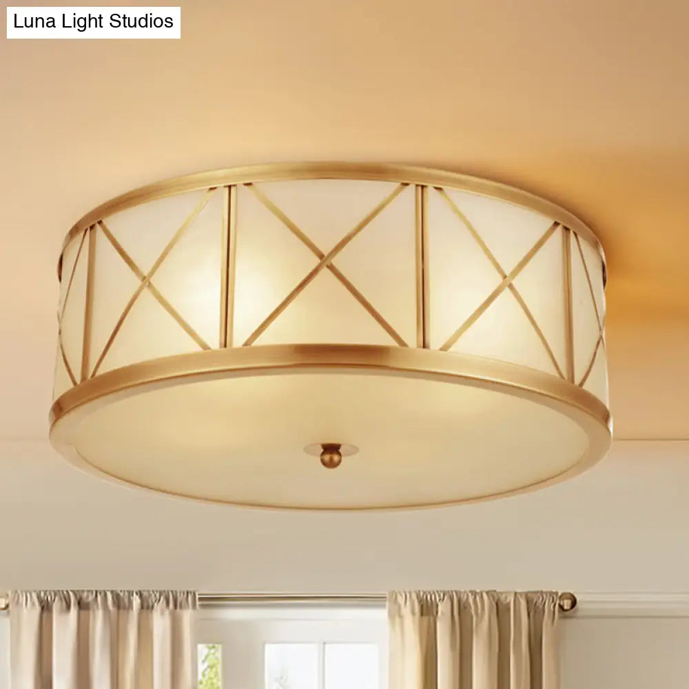 Colonial Gold Glass Ceiling Lamp With Trellis Cage - Bedroom Flush Light