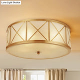 Colonial Gold Glass Ceiling Lamp With Trellis Cage - Bedroom Flush Light