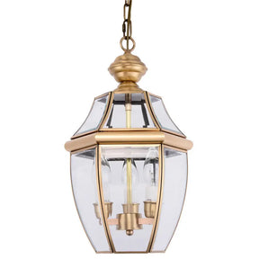 Colonial Gold Lantern Pendant Light With Clear Glass Chandelier For Hallway - Set Of 3 Bulbs