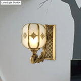 Colonial Gold Lantern Wall Sconce Light With Frosted Glass - Single Bulb Bedroom Lamp