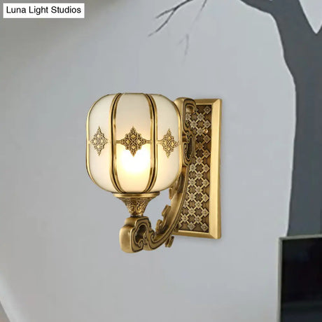 Colonial Gold Lantern Wall Sconce Light With Frosted Glass - Single Bulb Bedroom Lamp