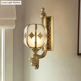 Colonial Gold Lantern Wall Sconce Light With Frosted Glass - Single Bulb Bedroom Lamp