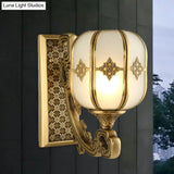 Colonial Gold Lantern Wall Sconce Light With Frosted Glass - Single Bulb Bedroom Lamp