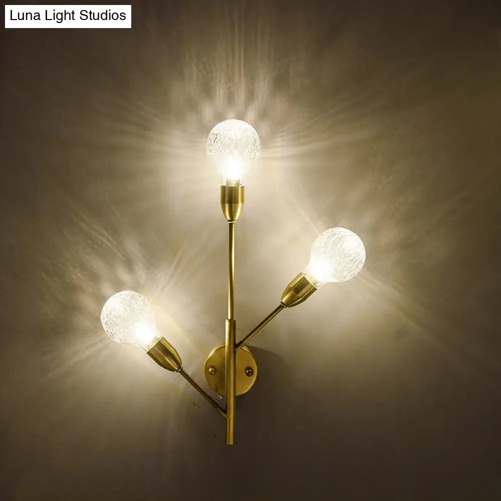 Colonial Gold Sconce With Clear Ribbed Glass And 3 Lights For Living Room Wall Lighting