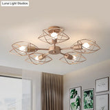 Colonial Iron Star Cage Gold Semi Flush Mount - 5 - Light Close To Ceiling Lighting Fixture For