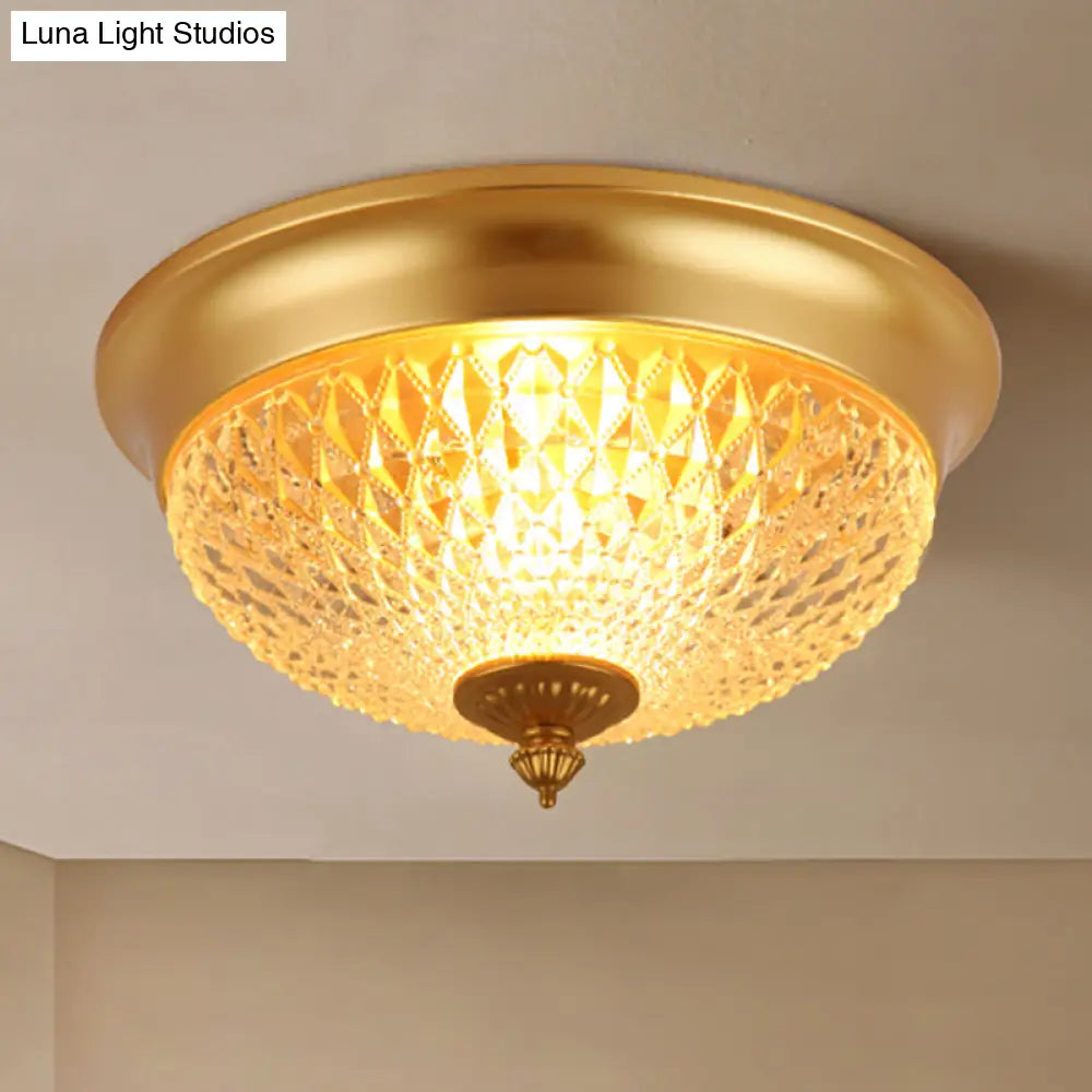 Colonial Lattice Glass Dome Flush Mount Light With 2 Bulbs - Brass Ceiling Lighting Fixture