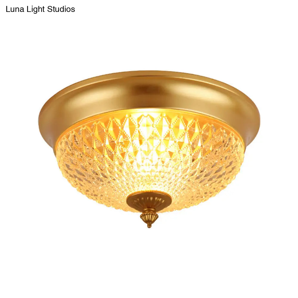 Colonial Lattice Glass Dome Flush Mount Light With 2 Bulbs - Brass Ceiling Lighting Fixture