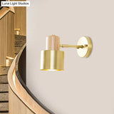 Colonial Metal Cylinder Wall Sconce With Wooden Top - Beige/Brown 1-Light Fixture For Bedroom