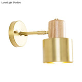Colonial Metal Cylinder Wall Sconce With Wooden Top - Beige/Brown 1-Light Fixture For Bedroom